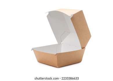 Open box for a big hamburger on a white background. Paper eco-friendly packaging for fast food