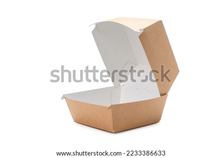 Open box for a big hamburger on a white background. Paper eco-friendly packaging for fast food