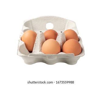 Open Box With Five Whole Brown Eggs Isolated On White Background With Clipping Path. Fresh Organic Chicken Eggs In Carton Pack Or Egg Container