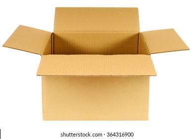 Open Box, Plain Brown Blank Cardboard Box Isolated On White 