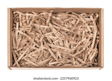 Open сardboard boxes for gifts or package with kraft paper shavings isolated on white background. Corrugated cardboard paper carton cargo container close up. parcels - Shutterstock ID 2257960923