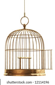 An Open Brass Birdcage Hanging On A String Over White