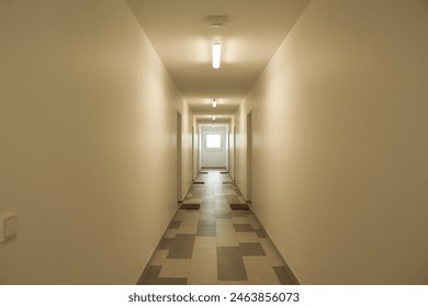 open bright corridor empty and decorated with white lights