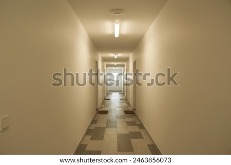 open bright corridor empty and decorated with white lights