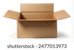 Open brown packing cardboard box. Isolated on white background. Front view. No shadow.