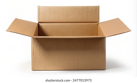 Open brown packing cardboard box. Isolated on white background. Front view. No shadow. - Powered by Shutterstock