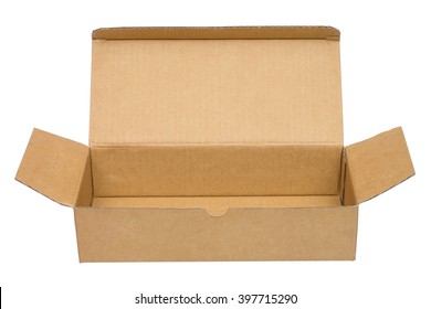 Open Brown Packing Cardboard Box. Isolated On White Background. Front View. No Shadow.