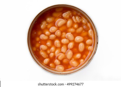 Open Can Of Baked Beans Isolated On White