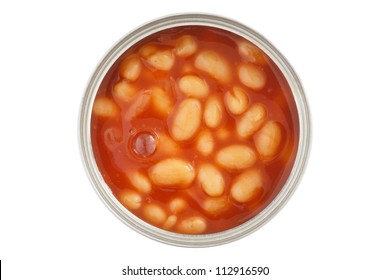 Open Can Of Baked Beans Shot From Above Isolated On White