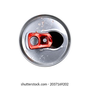 The Open Can Of Beet Juice Isolated On White. Top View.