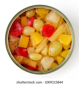 Open Can Of Fruit Cocktail Isolated On White From Above.