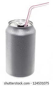 An Open Can Of Pop With A Straw