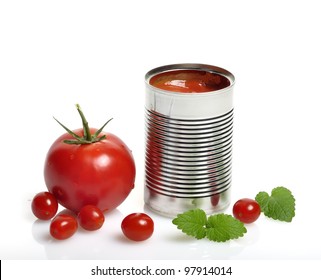 Open Can With Tomato Soup And Fresh Tomatoes