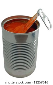 An Open Can Of Tomato Soup, Isolated On A White Background.