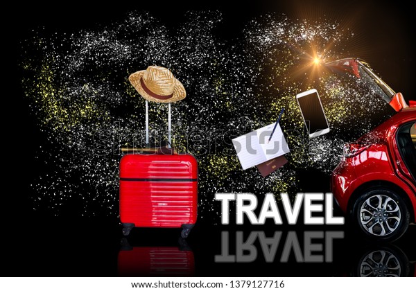 Open car tail red car and Red luggage with camera, \
binoculars with hat on isolated  background for activity lifestyle\
outdoors freedom or travel tourism andinspiration backpacker alone\
tourist image