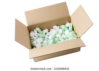 Open Cardboard Box With Packing Foam Peanuts Isolated On White Background. 