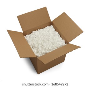 Open Cardboard Box With Packing Peanuts Isolated On White Background.