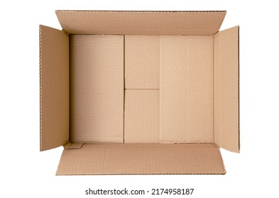 An Open Cardboard Box. View From Above. Isolated On A White Background.