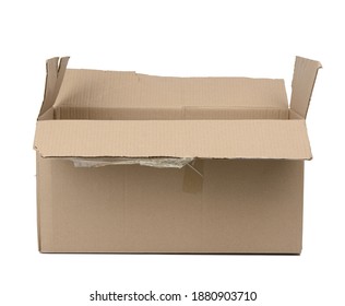 open cardboard rectangular box made of corrugated brown paper isolated on a white background