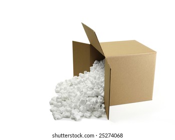 Open Cardboard Shipping Box With Styrofoam Peanuts