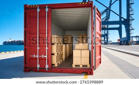 Open cargo container with boxes and pallets at port terminal with cranes and cargo ship