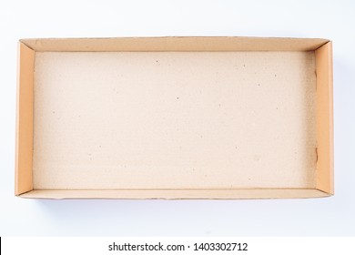 Open Carton Empty Box Isolated On White Background For Delivery Service. Package Of Brown Craft Paper Above View. Vintage Blank Warehouse Case For Cargo. Postal Packet For Carry Service Top Overhead