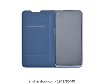Open case-a book and a smartphone inside. Isolated on a white background, close-up