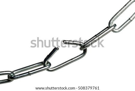 Open chain element connecting two chains over white background - weakest link  concept