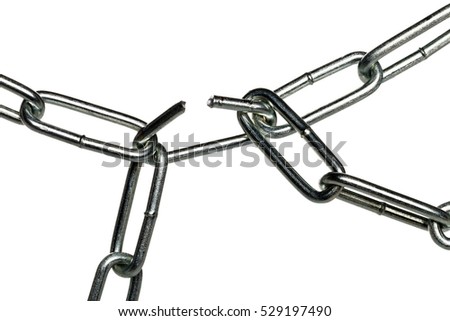 Open chain element connecting two chains over white background - weakest link  concept