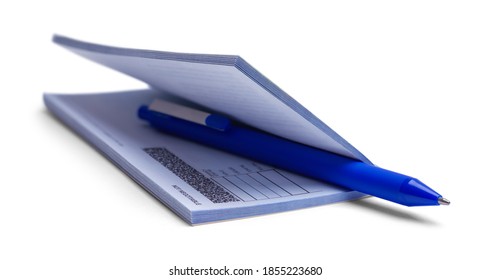 Open Checkbook With Blue Pen Cut Out On White.