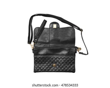 Open Chic And Luxury Leather Black Hand Bag Or Wallet With Sling, Strap And Zipper For Woman On White Background And Top View, Isolated Included Clipping Path