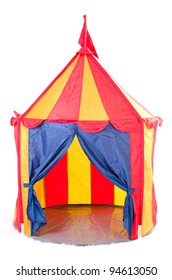 Open Children Circus Tent With Flag On Top - Striped, White Background