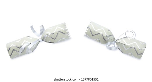 Open Christmas Cracker Isolated On White. Festive Decoration