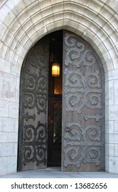 Open Church Door With Hanging Light