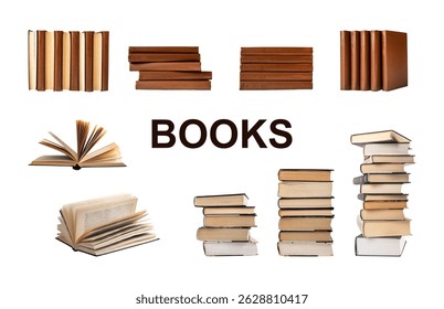 Pilas de libros abiertas y cerradas sobre un fondo blanco, que simbolizan la educación y el conocimiento. Colección de libros de texto y literatura, perfecto para estudiantes, Bibliotecas y universidades. Antiguas y moderno