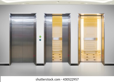 Open And Closed Chrome Metal Office Building Elevator Doors Realistic Photo. Lift Transportation Floor To Floors With Push Switch For Up And Down.