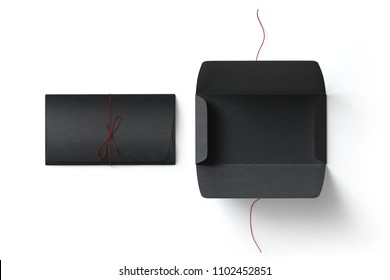 Open And Closed Envelope Of Color Black With Red Rope Size 11x22 On White Background