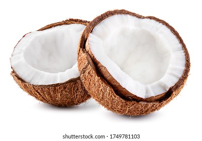 Open Coconut. Coconut Half Isolate.  Coco Isolated Side View. Cut Coconut. Coco Slice On White Background.