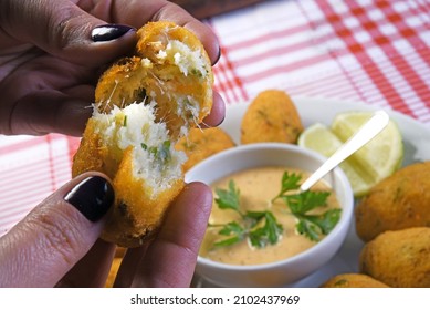 Open Codfish Cake, Served With Sauce, Herbs And Lemon, Fish Blob