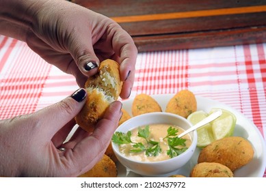 Open Codfish Cake, Served With Sauce, Herbs And Lemon, Fish Blob