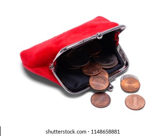 Open Coin Purse With Change Spilling Out Isolated On White.