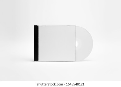 Open compact plastic Disc Box Case with white isolated blank for branding design. CD jewel mock-up on soft gray background. DVD or CD disc