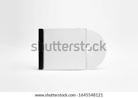 Open compact plastic Disc Box Case with white isolated blank for branding design. CD jewel mock-up on soft gray background. DVD or CD disc