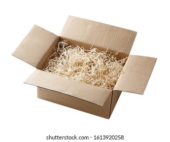 open corrugated cardboard box with gift filling isolated on white background
