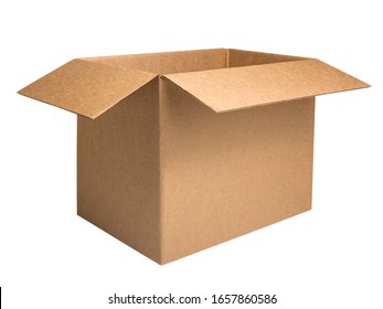 Open Corrugated Carton Box Isolated On White Background. Kraft Box With Open Lid Mockup