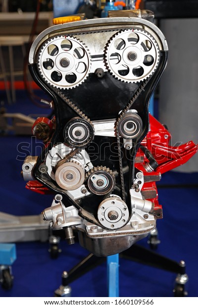 Open\
cover of timing belt drive in automobile\
engine