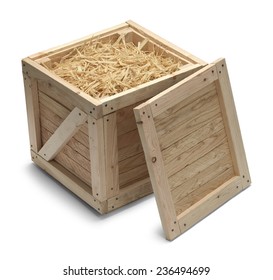 Open Crate With Straw Isolated On White Background.