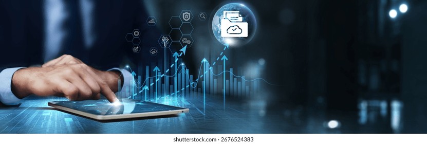 Open Data: Businessman using tablet and analyzing technical growth by data transparency, collaboration, accessibility, innovation, analytics, sharing.