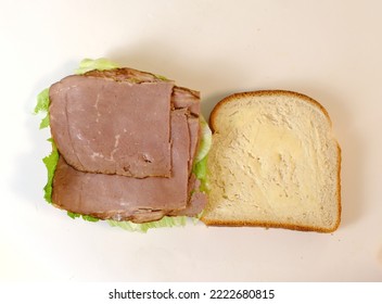 Open Deli Beef Sandwich On Buttered White Bread. Top View Isolated On White