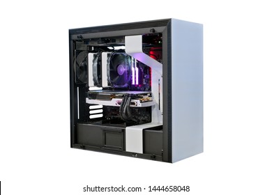 Open Desktop Computer PC On Modify Cooling Version And LED RGB Lighting Show Status On Working Mode From Beside On Black Computer Tower Case, Isolated On White Background